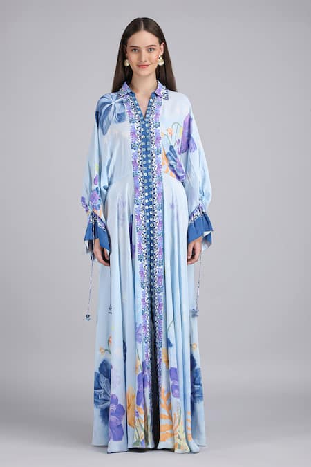 Buy_Mandira Wirk_Blue Crepe Embroidery, Sequins, Tassels Petals Below Placement Printed Dress _Online_at_Aza_Fashions