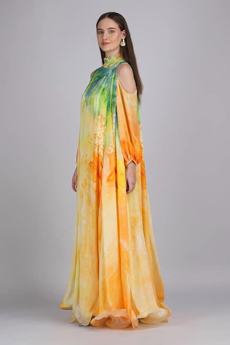 Mandira Wirk_Yellow Chiffon Sequins, Embroidery High Neck Aurora Arise Flora Printed Dress _Online_at_Aza_Fashions