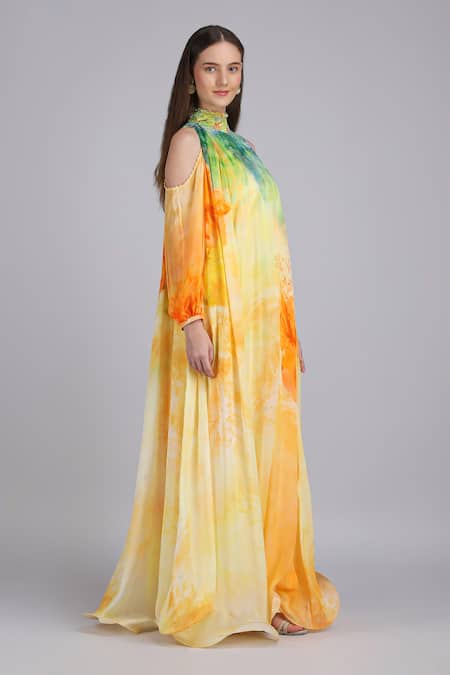 Buy_Mandira Wirk_Yellow Chiffon Sequins, Embroidery High Neck Aurora Arise Flora Printed Dress _Online_at_Aza_Fashions