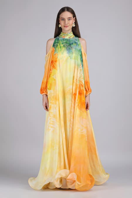 Shop_Mandira Wirk_Yellow Chiffon Sequins, Embroidery High Neck Aurora Arise Flora Printed Dress _Online_at_Aza_Fashions