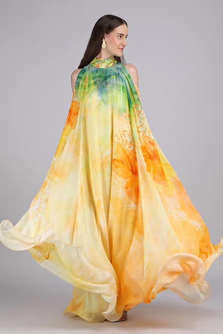 Mandira Wirk_Yellow Chiffon Sequins, Embroidery High Neck Aurora Arise Flora Printed Dress _at_Aza_Fashions