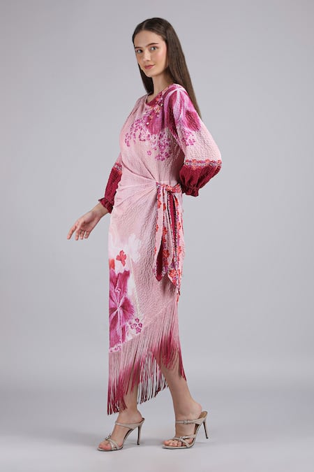 Mandira Wirk_Purple Polyester Sequins, Applique Petals Below Asymmetric Placement Print Dress _Online_at_Aza_Fashions