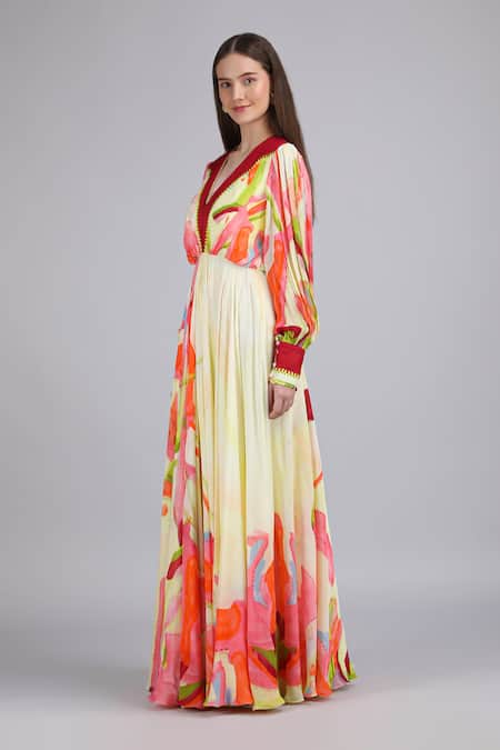 Mandira Wirk_Multi Color Chiffon Embroidery V-neck Linear Lime Summer Placement Dress _Online_at_Aza_Fashions