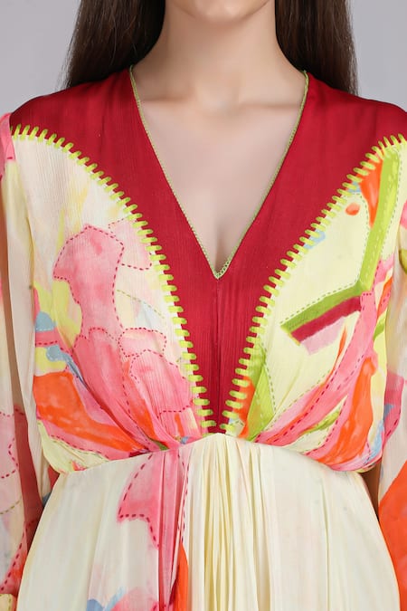 Buy_Mandira Wirk_Multi Color Chiffon Embroidery V-neck Linear Lime Summer Placement Dress 