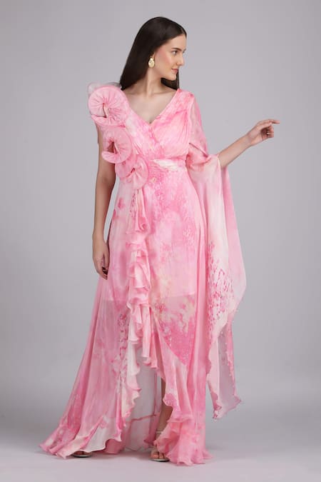 Buy_Mandira Wirk_Pink Chiffon Fabric Flowers, Cotton Cloud Self Texture Printed Corsage Dress _Online_at_Aza_Fashions