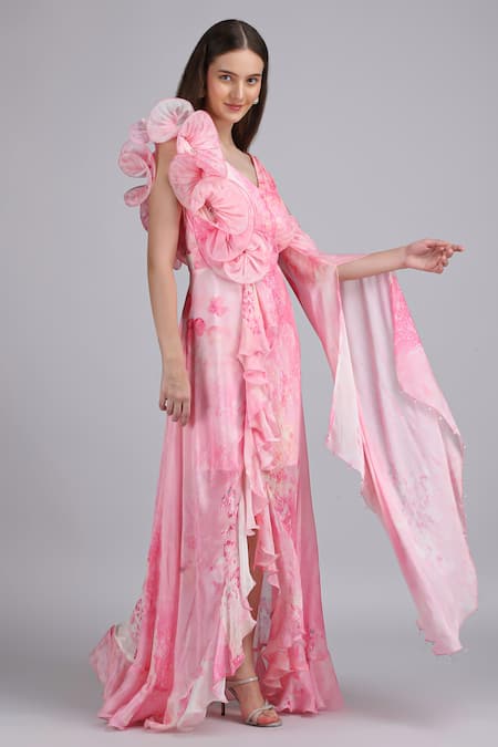 Mandira Wirk_Pink Chiffon Fabric Flowers, Cotton Cloud Self Texture Printed Corsage Dress _at_Aza_Fashions