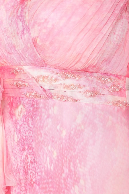 Buy_Mandira Wirk_Pink Chiffon Fabric Flowers, Cotton Cloud Self Texture Printed Corsage Dress 