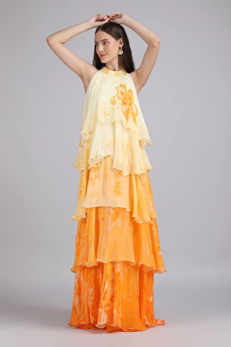 Mandira Wirk_Yellow Chiffon Beads, Sequins Halter Neck, Ombre Herbs Flora Haze Layered Dress _Online_at_Aza_Fashions