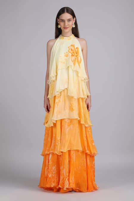 Shop_Mandira Wirk_Yellow Chiffon Beads, Sequins Halter Neck, Ombre Herbs Flora Haze Layered Dress _Online_at_Aza_Fashions
