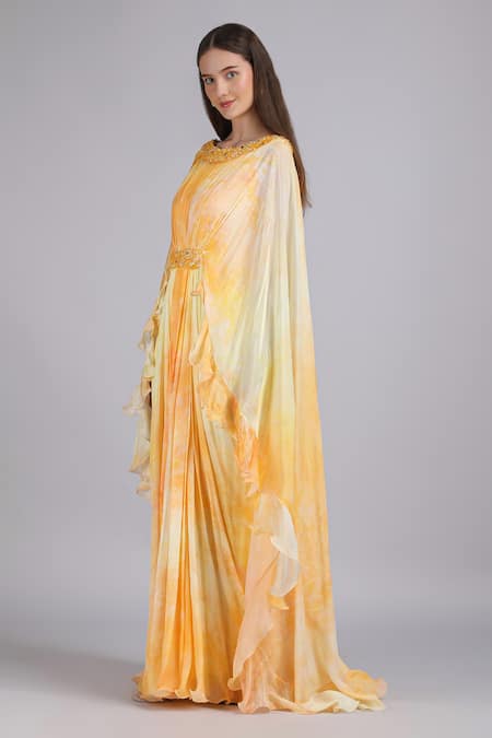 Mandira Wirk_Yellow Chiffon Beads, Sequins, Embroidery Sunkissed Eco Texture Printed Dress _Online_at_Aza_Fashions