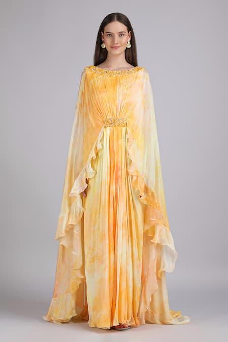 Buy_Mandira Wirk_Yellow Chiffon Beads, Sequins, Embroidery Sunkissed Eco Texture Printed Dress _Online_at_Aza_Fashions