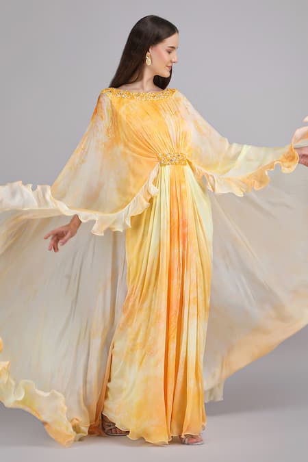 Shop_Mandira Wirk_Yellow Chiffon Beads, Sequins, Embroidery Sunkissed Eco Texture Printed Dress _Online_at_Aza_Fashions