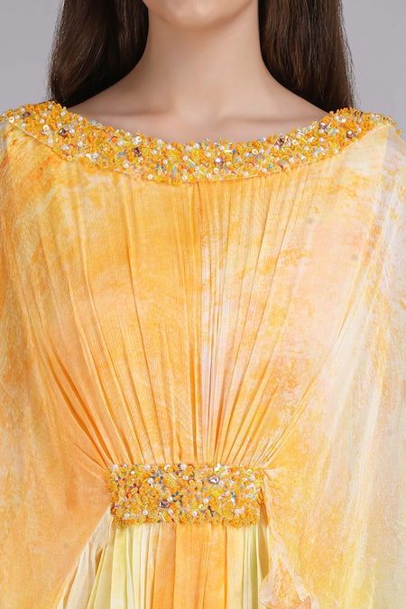 Mandira Wirk_Yellow Chiffon Beads, Sequins, Embroidery Sunkissed Eco Texture Printed Dress _at_Aza_Fashions