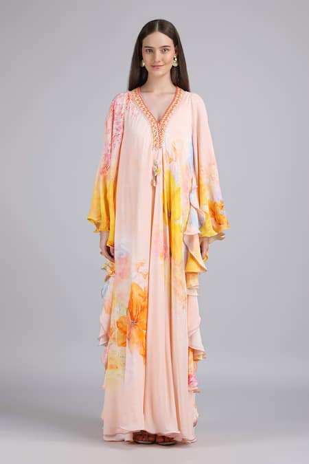 Mandira Wirk_Peach Crepe Embroidery, Tassels V-neck Floral Faux Print Kaftan Dress _Online_at_Aza_Fashions