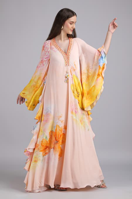 Buy_Mandira Wirk_Peach Crepe Embroidery, Tassels V-neck Floral Faux Print Kaftan Dress _Online_at_Aza_Fashions