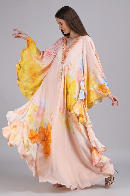 Shop_Mandira Wirk_Peach Crepe Embroidery, Tassels V-neck Floral Faux Print Kaftan Dress _Online_at_Aza_Fashions
