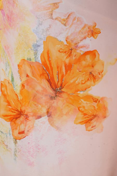 Mandira Wirk_Peach Crepe Embroidery, Tassels V-neck Floral Faux Print Kaftan Dress _at_Aza_Fashions