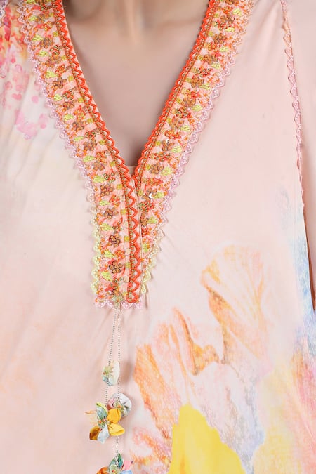 Buy_Mandira Wirk_Peach Crepe Embroidery, Tassels V-neck Floral Faux Print Kaftan Dress 