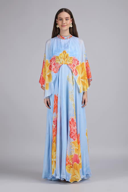Shop_Mandira Wirk_Blue Chiffon Beads, Sequins High Neck, Faux Cosmos Sky Base Print Cape Dress _Online_at_Aza_Fashions