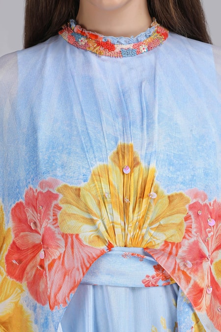 Mandira Wirk_Blue Chiffon Beads, Sequins High Neck, Faux Cosmos Sky Base Print Cape Dress _at_Aza_Fashions