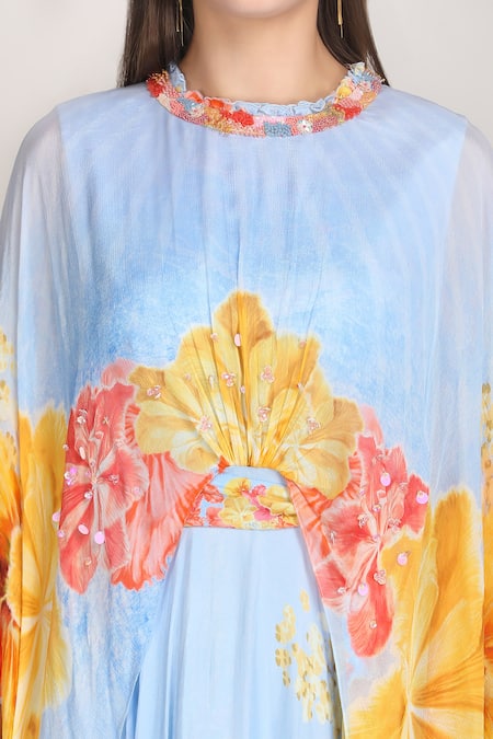 Buy_Mandira Wirk_Blue Chiffon Beads, Sequins High Neck, Faux Cosmos Sky Base Print Cape Dress 