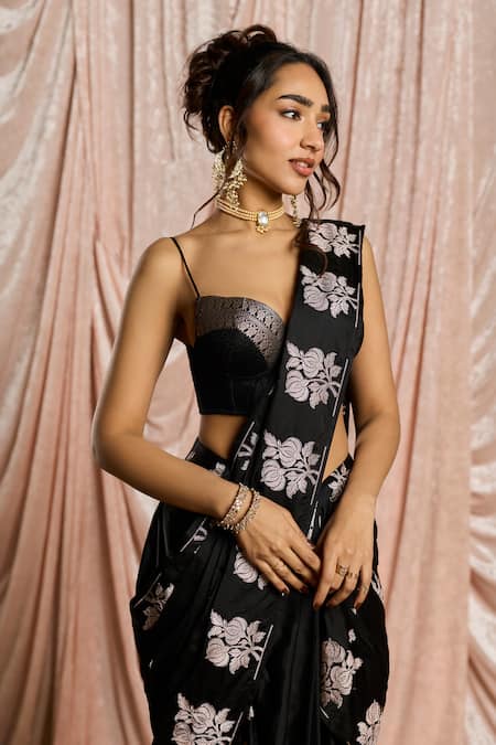 Shop_SAANJH BY LEA_Black Silk Zari, Embroidery Kainaat Banarasi Pre-draped Saree With Bustier _Online_at_Aza_Fashions