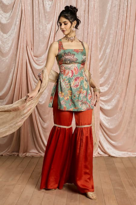 Shop_SAANJH BY LEA_Silk, Jacquard, Tissue Rangriti Floral Embellished Sharara Set_bjj14svbds3f9l _Online_at_Aza_Fashions