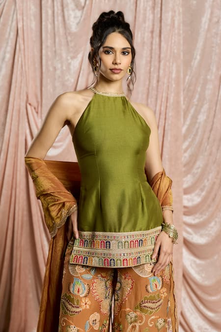 SAANJH BY LEA_Silk, Tissue, Crepe Zehra Green And Rust Sharara Set_duwszjral7gffi _Online_at_Aza_Fashions