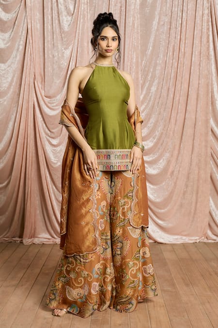 SAANJH BY LEA_Silk, Tissue, Crepe Zehra Green And Rust Sharara Set_duwszjral7gffi _at_Aza_Fashions