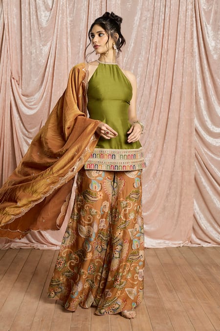 Buy_SAANJH BY LEA_Silk, Tissue, Crepe Zehra Green And Rust Sharara Set_duwszjral7gffi 