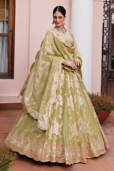 Meenagurnam_Green Tissue Sequins, Embroidery, Mirrors, Beads Floral Pattern Lehenga Set _Online_at_Aza_Fashions