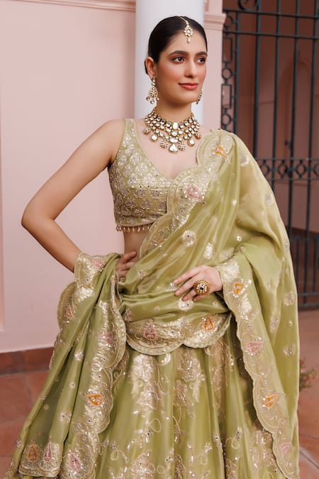 Buy_Meenagurnam_Green Tissue Sequins, Embroidery, Mirrors, Beads Floral Pattern Lehenga Set _Online_at_Aza_Fashions