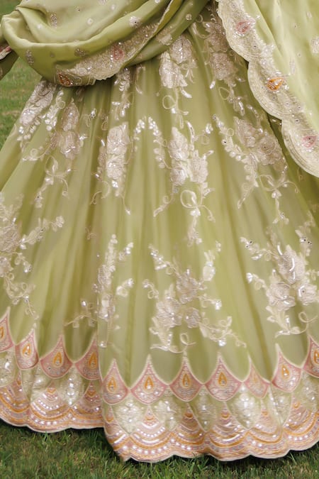 Shop_Meenagurnam_Green Tissue Sequins, Embroidery, Mirrors, Beads Floral Pattern Lehenga Set _Online_at_Aza_Fashions