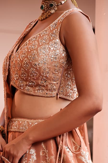 Meenagurnam_Rust Tissue Sequins, Mirrors, Beads, Embroidery, Floral Pattern Lehenga Set _Online_at_Aza_Fashions