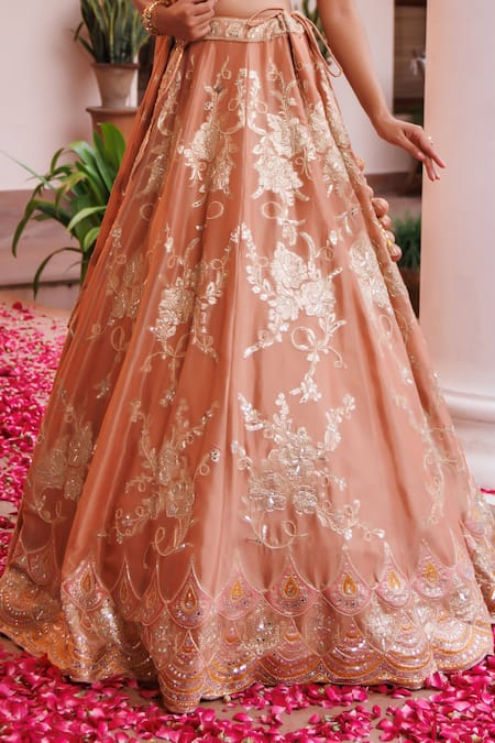 Buy_Meenagurnam_Rust Tissue Sequins, Mirrors, Beads, Embroidery, Floral Pattern Lehenga Set _Online_at_Aza_Fashions