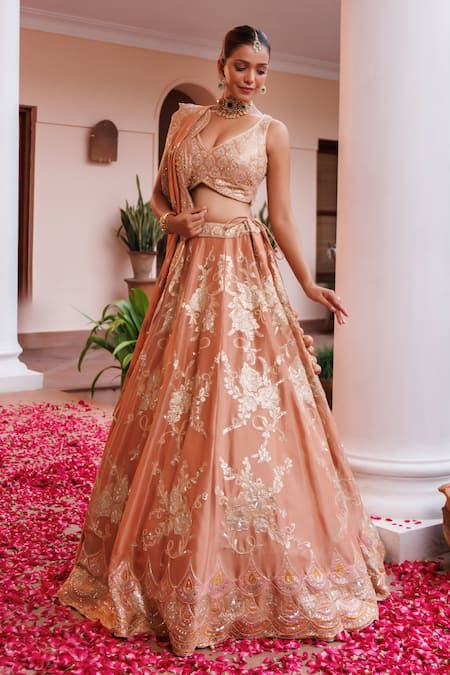 Shop_Meenagurnam_Rust Tissue Sequins, Mirrors, Beads, Embroidery, Floral Pattern Lehenga Set _Online_at_Aza_Fashions
