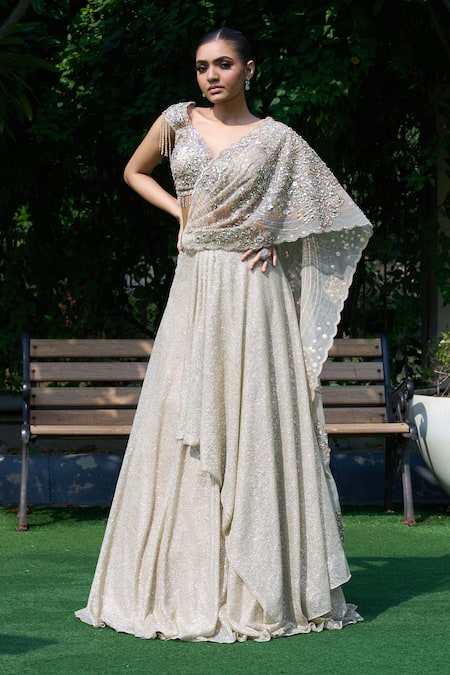 Presto Couture Embellished Pre-Draped Saree Set 