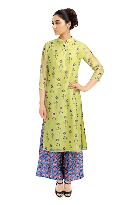 Soup By Sougat Paul Light green printed kurta & blue palazzos 