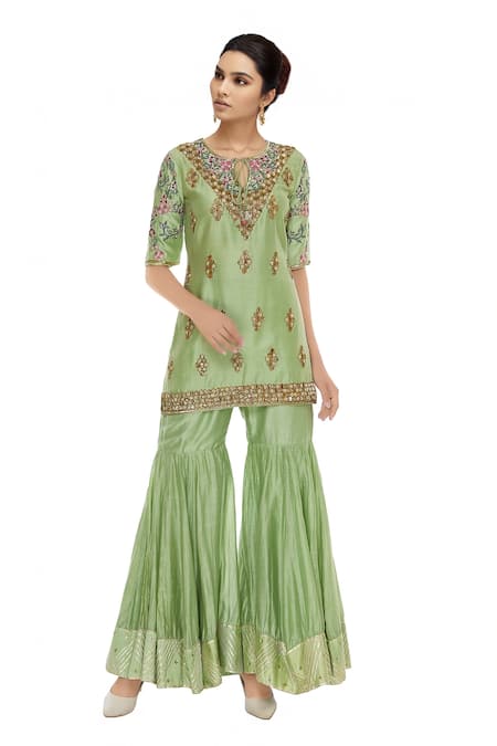 Neha Khullar Green Net, Chanderi Silk Thread Mandarin Embellished Kurta With Gharara