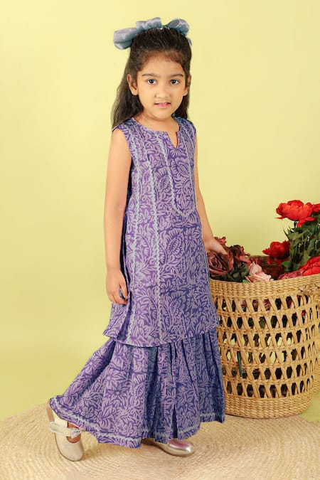 Kalp_Purple Cotton Lace, Embroidery Thames Floral Print Kurta And Sharara Set _Online_at_Aza_Fashions