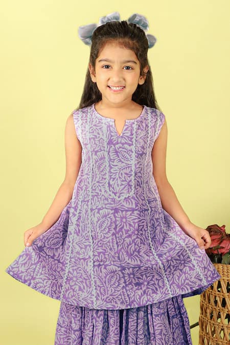 Shop_Kalp_Purple Cotton Lace, Embroidery Thames Floral Print Kurta And Sharara Set _Online_at_Aza_Fashions