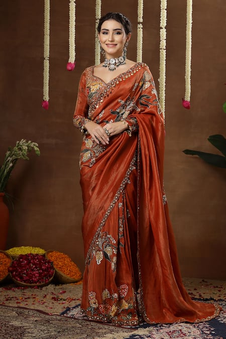 Miku Kumar Zelia Floral Embroidered Pre-Draped Saree With Blouse 