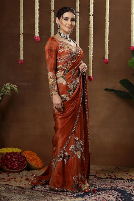 Miku Kumar_Orange Georgette Embroidery, Sequins, Zelia Floral Pre-draped Saree With Blouse _Online_at_Aza_Fashions