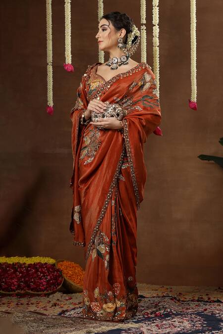 Buy_Miku Kumar_Orange Georgette Embroidery, Sequins, Zelia Floral Pre-draped Saree With Blouse _Online_at_Aza_Fashions
