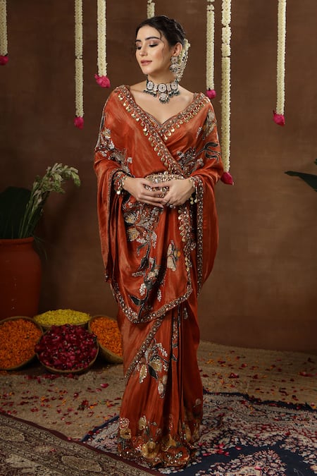 Shop_Miku Kumar_Orange Georgette Embroidery, Sequins, Zelia Floral Pre-draped Saree With Blouse _Online_at_Aza_Fashions