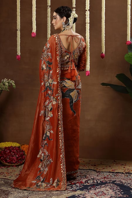 Miku Kumar Zelia Floral Embroidered Pre-Draped Saree With Blouse 