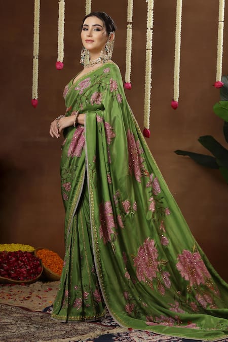 Miku Kumar_Green Georgette, Tissue Embroidery, Petunia Print Pre-draped Saree With Blouse _Online_at_Aza_Fashions