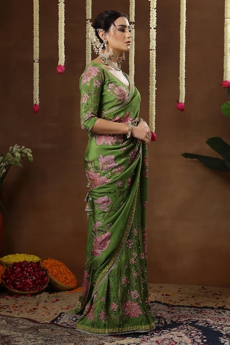 Buy_Miku Kumar_Green Georgette, Tissue Embroidery, Petunia Print Pre-draped Saree With Blouse _Online_at_Aza_Fashions