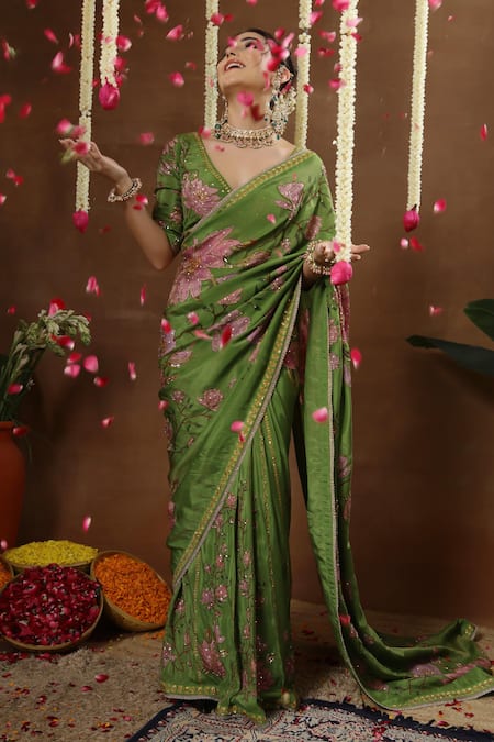 Shop_Miku Kumar_Green Georgette, Tissue Embroidery, Petunia Print Pre-draped Saree With Blouse _Online_at_Aza_Fashions