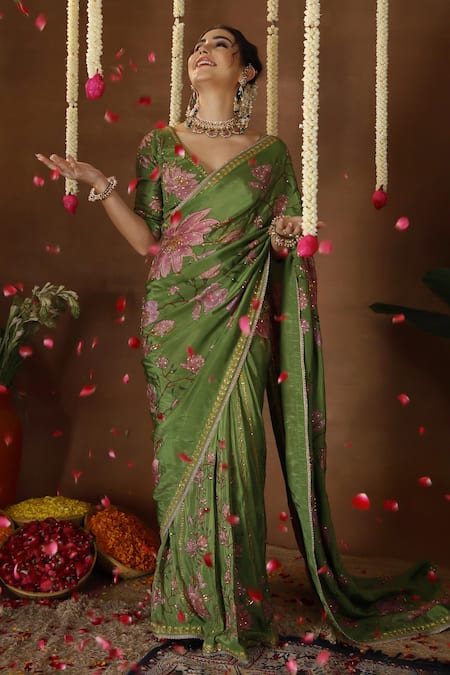 Miku Kumar_Green Georgette, Tissue Embroidery, Petunia Print Pre-draped Saree With Blouse _at_Aza_Fashions